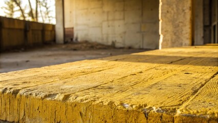 Poster - A yellow painted wooden surface in a partially constructed building with a rough concrete wall in the background.