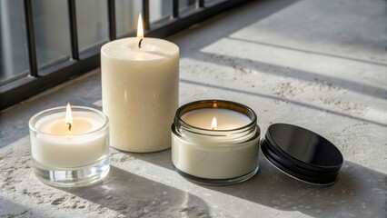 Poster - Three burning candles in glass containers on a concrete surface, bathed in the soft glow of natural sunlight.