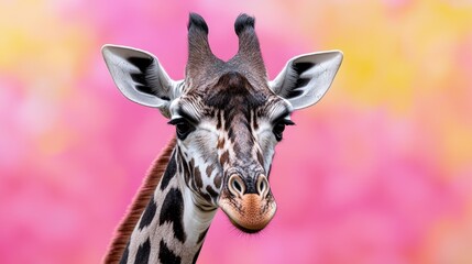 Wall Mural - Close-up portrait of a giraffe against a vibrant pink and yellow background.