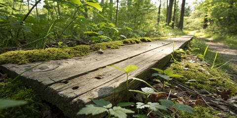 Poster - A rustic wooden plank pathway leading into a verdant forest, bathed in dappled sunlight, with lush greenery and moss on either side