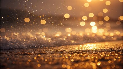 Poster - Golden Hour Glimmer Sparkling Waves Reflecting Warm Sunlight on the Beach
