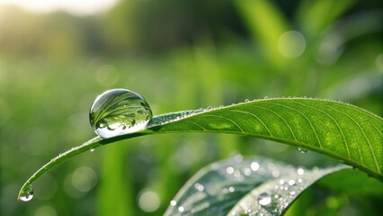 Fototapete - A single, glistening dewdrop, balanced perfectly on a slender leaf, reflects the surrounding greenery, showcasing the beauty of nature's simplicity