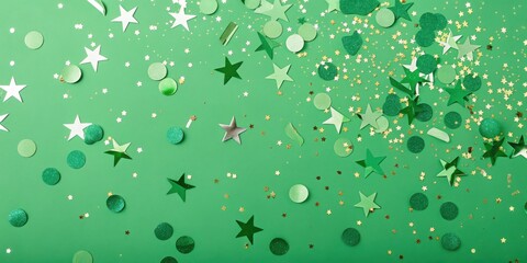 Poster - A festive background with green and silver stars, circles, and gold confetti on a green background