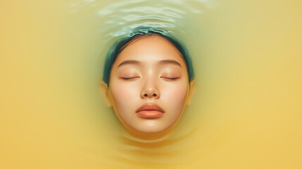 Wall Mural - A woman's face is partially submerged in a yellowish liquid