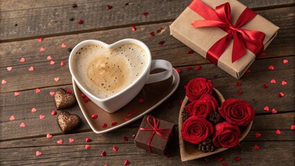 Poster - A heart-shaped cup of coffee, roses, a gift box, and small red hearts scattered on a rustic wooden table, creating a romantic ambiance.