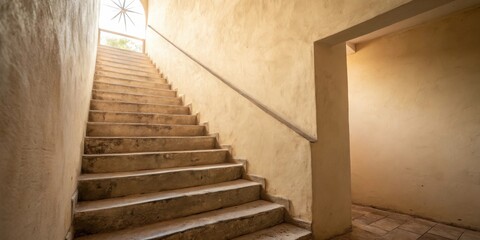 Aufkleber - A set of stone stairs ascend towards a window, bathed in soft sunlight, within an aged, cream-colored building interior.