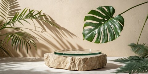 Poster - Natural Stone Podium With Glass Top and Tropical Leaves Surrounded by Sunlight