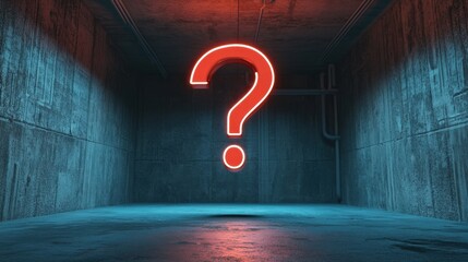 Poster - Glowing Neon Question Mark in Dark Industrial Room
