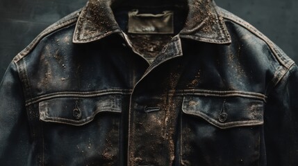 Poster - Close-Up View of a Worn and Dirty Denim Jacket in a Studio Setting with Textured Background Reflecting a Vintage and Rugged Aesthetic