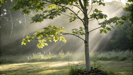 Poster - A young tree stands tall in a field, its leaves catching the soft rays of sunlight filtering through the morning mist.