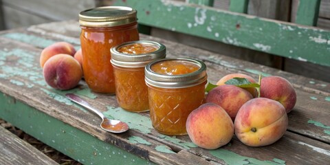 Poster - Homemade Peach Jam Jars Ready for Enjoyment on a Rustic Wooden Table
