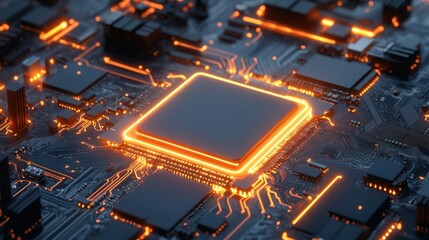Poster - Futuristic Circuit Board with Glowing Processor and Digital Elements