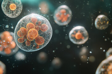 Wall Mural - complex biological cells are visible with striking orange structures inside a translucent membrane, 