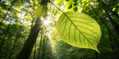 Poster - A single leaf illuminated by sunlight in a dense forest, showcasing the intricate veins and delicate texture of its surface, with blurred trees as a backdrop