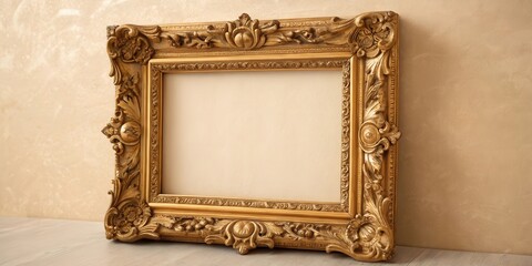 Poster - An ornate golden picture frame with intricate carvings, showcasing a blank canvas, ready to be filled with art or memories.