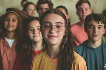 Wall Mural - Portrait of a smiling teen girl with glasses in front of her friends