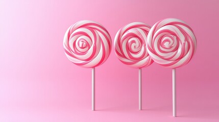 Wall Mural - Three pink and white swirl lollipops on sticks against a pink background.