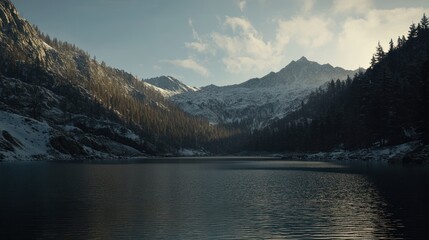 Wall Mural - serene mountain lake reflecting a snow-capped peak under a partly cloudy sky.