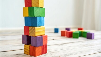 Aufkleber - Colorful wooden blocks stacked in a tower on a whitewashed wooden surface with other blocks scattered around