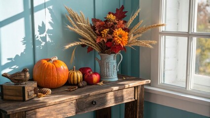 Poster - A rustic wooden table with autumn decorations, featuring a large pumpkin, a vase of fall foliage, and a small ceramic bird, all illuminated by warm sunlight streaming through a window.