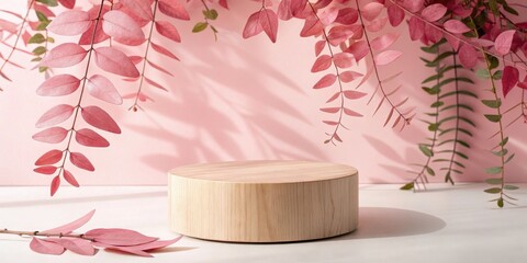 Poster - Minimalist product display with wooden pedestal and delicate pink foliage against a soft pink backdrop