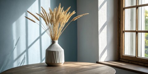 Poster - A simple vase with dried wheat stalks sits on a wooden table in front of a window with sunlight streaming in.