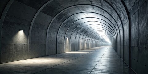 Leinwandbilder - A dimly lit concrete tunnel with arched ceilings, illuminated by a series of lights leading to a bright light at the end
