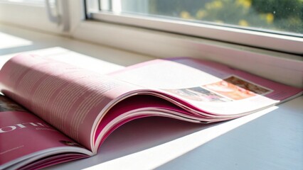 Aufkleber - A pink magazine with text and images is lying open on a white surface, bathed in soft sunlight.