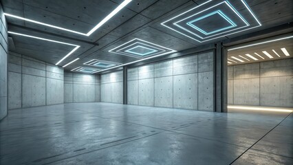 Fototapete - Empty Industrial Concrete Room with Geometric Neon Lights