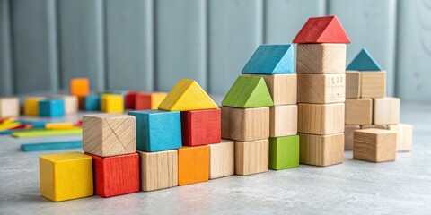 Poster - A colorful arrangement of wooden blocks stacked in a playful and creative way, showcasing the imagination and potential for building and creating.