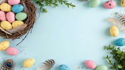 Poster - Pastel Easter Eggs Nestled in a Bird's Nest with Feathers and Green Greenery on a Light Blue Background
