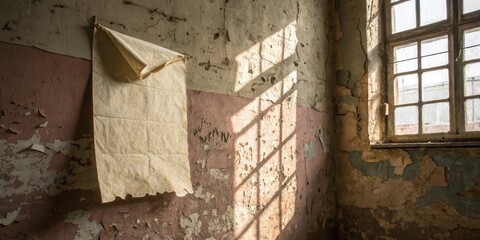 Aufkleber - A solitary window in an abandoned room, casting a grid of light on the peeling, faded walls, where a forgotten piece of paper hangs, whispering stories of time's passage.