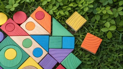 Aufkleber - A colorful assortment of wooden blocks in various shapes and sizes, nestled amidst a bed of lush green foliage.
