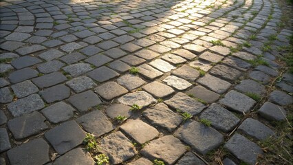Fototapete - A cobblestone pathway bathed in golden sunlight, the sunbeams illuminating the textured stones and highlighting the delicate green shoots pushing through the cracks