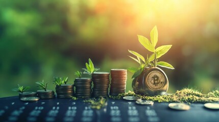 Poster - Bitcoin Growth Representation with Coins and Green Plants in Nature