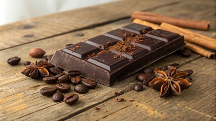 Poster - Dark Chocolate Bar with Coffee Beans, Star Anise and Cinnamon Sticks on Rustic Wooden Background
