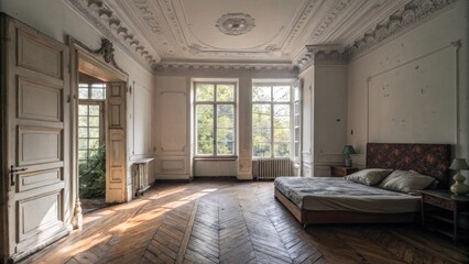 Poster - Sunlight streams through tall windows illuminating a grand room with ornate molding and a bed awaiting rest