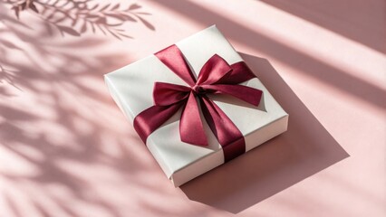 Poster - A single white gift box with a burgundy satin bow, resting on a soft pink surface, illuminated by natural light creating a soft and ethereal shadow