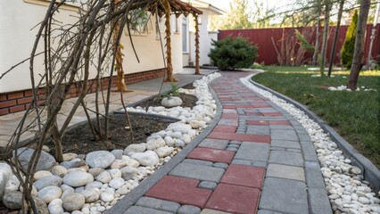 Poster - A winding pathway lined with smooth river stones, showcasing the artistry of landscaping and creating inviting outdoor spaces.