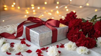 Poster - A silver gift box with a red ribbon, surrounded by white flowers and red petals, illuminated by warm, soft light from a string of fairy lights.
