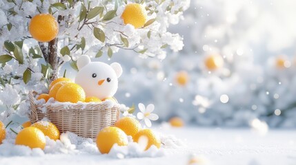 Wall Mural - Cute snowman in basket with oranges under snowy tree.