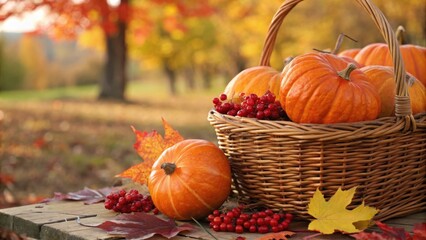 Poster - A basket overflowing with pumpkins and fall foliage, nestled amongst vibrant red berries and autumn leaves, creating a picturesque display of nature's bounty.