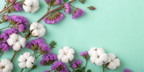 Poster - Soft Cotton Blooms and Delicate Purple Flowers Create a Natural Frame on a Light Green Background