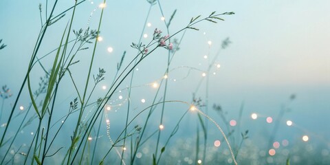 Aufkleber - A delicate symphony of nature, illuminated by a string of twinkling lights, casting an ethereal glow on the grass and blooming wildflowers.