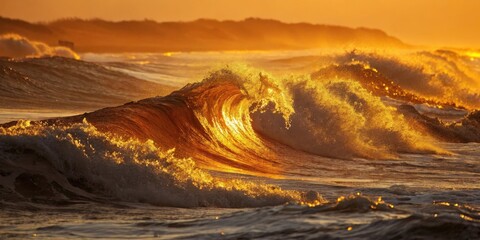 Poster - A golden wave crests in the ocean at sunset, its surface shimmering with reflected light.