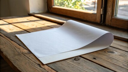 Aufkleber - Blank white paper rolled up and placed on a weathered wooden surface, bathed in soft natural light from an open window