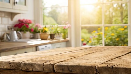 Poster - Rustic Wooden Tabletop with Blurred View of a Kitchen and Sunny Garden Through a Window