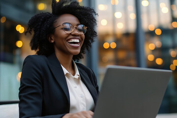Poster - woman wearing glasses and a black suit is smiling while using a laptop. she is happy and content