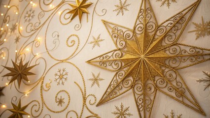 Poster - A large, ornate, golden star with intricate details and a glittering finish, surrounded by smaller stars and delicate swirls against a cream background.