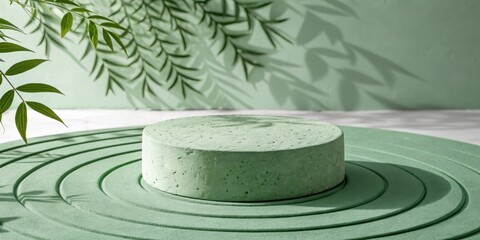 Poster - A circular green platform with concentric circles and a textured cylindrical pedestal against a muted green background with leaves and shadows from above